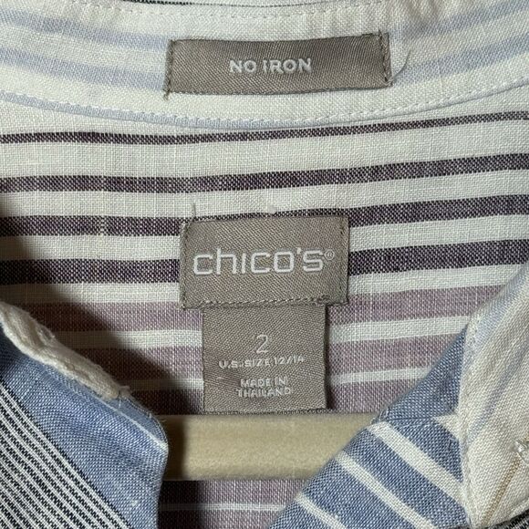 Chico's Linen Tunic Blouse Women's Size 2 Purple Blue Striped 3/4 Sleeve Button - Picture 8 of 11